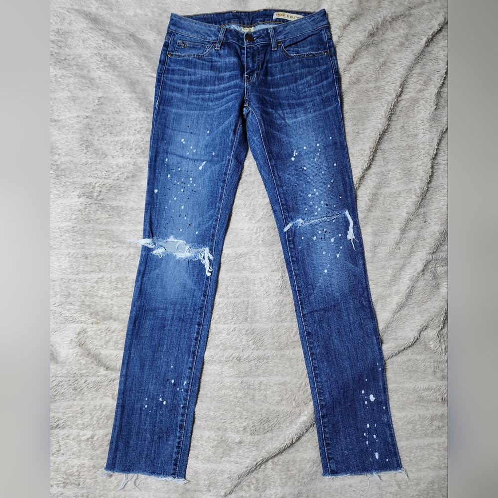 Vintage Revolution Distressed Paint Splattered Low Rise Skinny Jeans